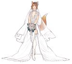  absurdres animal_ears bouquet breasts brown_eyes brown_hair cleavage_cutout commission dress flower fox_ears fox_tail full_body high_heels highres holding kiyone long_dress looking_at_viewer manosdetrapo medium_breasts original rose side_slit sleeveless sleeveless_dress smile solo standing tail thighhighs transparent_background veil wedding_dress white_dress white_flower white_footwear white_legwear white_rose 