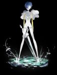  androgynous bangs black_background blue_hair blunt_bangs full_body glowing glowing_eye golden_arms hair_over_one_eye houseki_no_kuni looking_at_viewer necktie phosphophyllite phosphophyllite_(ll) see-through short_hair shumiko_(kamenokoueki) solo spoilers sword weapon 