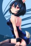  animal_ears artist_name backless_outfit bangs black_legwear black_leotard blue_hair brave_witches bunny_ears bunny_tail bunnysuit closed_mouth commentary_request from_side halterneck haruhata_mutsuki leotard looking_at_viewer looking_back purple_eyes shimohara_sadako short_hair signature sitting skindentation smile solo tail thighhighs twitter_username world_witches_series wrist_cuffs 