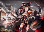  alternate_breast_size aqua_eyes azur_lane belt black_hair blurry blurry_background boots bow breasts cleavage coin deutschland_(azur_lane) gauntlets goggles goggles_on_headwear greatcoat gun handgun hat holding holding_weapon knee_boots long_sleeves looking_at_viewer machinery medium_breasts military military_uniform multicolored_hair naka_(nakamaru_ak) ocean pistol red_hair scarf scarf_bow ship shipwreck sinking smile solo standing streaked_hair thigh_strap uniform watercraft weapon 