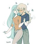  aqua_(fire_emblem_if) artist_name blue_hair blue_shirt blush casual commentary dancing embarrassed fire_emblem fire_emblem_if full-face_blush green_pants hand_on_another's_hip holding_hands long_hair looking_at_another looking_down multiple_girls my_unit_(fire_emblem_if) orange_shirt pants shirt signature sweatdrop ticcy very_long_hair white_hair yellow_eyes yuri 