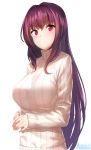  artist_name commentary_request eyebrows_visible_through_hair fate/grand_order fate_(series) highres long_hair long_sleeves looking_at_viewer marshall_(wahooo) purple_hair red_eyes ribbed_sweater scathach_(fate)_(all) scathach_(fate/grand_order) simple_background solo sweater turtleneck turtleneck_sweater upper_body white_background white_sweater 