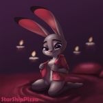  anthro bottomless breasts candle clothed clothing disney featureless_breasts female fur judy_hopps lagomorph mammal purple_eyes rabbit short_stack smile solo starshippizza zootopia 