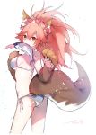  animal_ears ass bangs bare_shoulders bikini blush breasts brown_eyes closed_mouth eyebrows_visible_through_hair fang fate/grand_order fate_(series) fish flower food_in_mouth fox_ears fox_girl fox_tail gloves hair_between_eyes hair_flower hair_ornament hanakeda_(hanada_shiwo) hands_up high_ponytail long_hair looking_at_viewer looking_to_the_side medium_breasts mouth_hold paw_gloves paws pink_hair ponytail red_flower side-tie_bikini simple_background solo swimsuit tail tamamo_(fate)_(all) tamamo_cat_(fate) v-shaped_eyebrows white_background white_bikini 