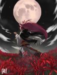  baiken big_hair black_jacket field flower flower_field full_moon guilty_gear guilty_gear_xrd highres holding jacket jacket_on_shoulders japanese_clothes katana kimono kiseru long_hair long_sleeves moon night night_sky obi open_clothes open_jacket outdoors pink_hair pipe ponytail red_flower sash sheath sheathed sky smoke solo sou_(pale_1080) spider_lily standing star_(sky) sword torn_clothes torn_sleeves very_long_hair weapon white_kimono 