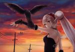  arm_at_side bare_shoulders bird bird_on_arm black_gloves breasts elf elu_(nijisanji) fingerless_gloves flower gloves hair_flower hair_ornament hairband long_hair looking_at_animal medium_breasts nijisanji nuwon outdoors pointy_ears ponytail power_lines raven_(animal) red_eyes standing transparent_wings twilight virtual_youtuber white_hair wings 