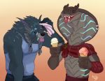  brown_scales canine clothing dessert dragonasis fangs food forked_tounge fur ice_cream male mammal scales scalie sethrak simple_background sweat tongue video_games warcraft were werewolf worgen 