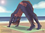  2018 abs anthro beach butt casual_nudity claws digital_drawing_(artwork) digital_media_(artwork) dragon feet fluffy fluffy_tail fur hair hi_res humanoid_feet nero nude nudist open_mouth outside scalie seaside sky smile social_nudity solo stretching tiberius_creations yoga 
