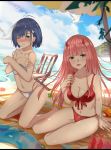  beach beach_umbrella bikini blue_hair blue_sky breasts chair cleavage cloud darling_in_the_franxx day food fruit full_body green_eyes hair_ornament hairclip ichigo_(darling_in_the_franxx) innertube kneeling looking_at_viewer lounge_chair medium_breasts multiple_girls navel one_eye_closed oni_horns outdoors pink_hair red_bikini red_horns shade short_hair sitting sky strap_slip swimsuit umbrella watermelon white_bikini wuming_yaoguai yokozuwari zero_two_(darling_in_the_franxx) 