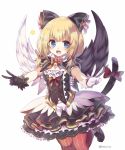  black_gloves black_wings blonde_hair blue_eyes bow character_request fang gloves lolita_fashion looking_at_viewer low_twintails medium_hair mismatched_gloves mismatched_wings open_mouth red_bow red_legwear rento_(rukeai) shironeko_project short_sleeves smile star twintails twitter_username white_gloves white_wings wings 