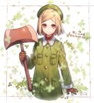  anniversary axe beret blonde_hair blush brown_eyes brown_gloves closed_mouth eyebrows_visible_through_hair fate/grand_order fate_(series) gloves green_hat green_jacket hanakeda_(hanada_shiwo) hat holding holding_axe jacket long_sleeves looking_at_viewer parted_lips paul_bunyan_(fate/grand_order) short_hair smile solo 