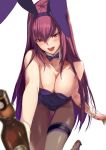  animal_ears blurry bottle bow bowtie breasts bunny_ears bunnysuit cleavage cowboy_shot depth_of_field detached_collar fate/grand_order fate_(series) highres large_breasts leotard long_hair looking_at_viewer ohland open_mouth pantyhose purple_hair purple_leotard purple_neckwear red_eyes scathach_(fate)_(all) scathach_(fate/grand_order) simple_background smile solo strapless strapless_leotard thigh_gap white_background wine_bottle wrist_cuffs 