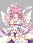  :o animal_ears bow cat_ears cat_tail character_request dress gradient_hair green_eyes halo long_sleeves looking_at_viewer luka_(shironeko_project) medium_hair mismatched_legwear multicolored_hair pink_bow pink_hair purple_hair purple_ribbon rento_(rukeai) ribbon shironeko_project single_thighhigh solo starry_sky_print tail thighhighs twitter_username white_dress wings 