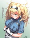  absurdres bangs belt blonde_hair blue_eyes blue_shirt blush breast_pocket breasts buckle check_commentary closed_mouth collared_shirt commentary commentary_request eyebrows_visible_through_hair gambier_bay_(kantai_collection) gloves hair_between_eyes hairband highres kantai_collection large_breasts long_hair looking_away messy_hair pocket shirt short_sleeves sidelocks signature simple_background soba_chatarou_(tita) solo tearing_up tears translated twintails upper_body 