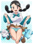  abomasnow aqua_jacket aqua_neckwear aqua_ribbon ass_visible_through_thighs black_hair blush body_blush bouncing_breasts breasts brown_eyes brown_footwear brown_skirt clothes_around_waist collared_shirt frilled_skirt frills full_body gen_3_pokemon gen_4_pokemon gym_leader hair_ornament holding holding_jacket jacket jacket_around_waist large_breasts legendary_pokemon loafers long_sleeves looking_at_viewer low_twintails neck_ribbon open_mouth panties pantyshot pantyshot_(jumping) pokemoa pokemon pokemon_(creature) pokemon_(game) pokemon_dppt regice ribbon round_teeth shirt shoes simple_background skirt smile snow striped striped_background striped_legwear striped_panties suzuna_(pokemon) teeth twintails underwear white_background white_shirt wind wind_lift 