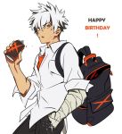  alternate_costume backpack bag bandages can chain commentary_request elsword grey_hair happy_birthday hwansang korean_commentary multicolored_hair rage_hearts_(elsword) raven_(elsword) scar school_uniform shirt t-shirt two-tone_hair white_background white_hair yellow_eyes 
