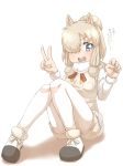  :d alpaca_ears alpaca_suri_(kemono_friends) animal_ears blonde_hair blue_eyes breast_pocket clenched_hand commentary_request eyebrows_visible_through_hair full_body fur-trimmed_sleeves fur_scarf fur_trim hair_over_one_eye hands_up highres kemono_friends knees_together_feet_apart knees_up long_sleeves looking_at_viewer medium_hair open_mouth pantyhose pantyhose_under_shorts partial_commentary pocket scarf shirt shoes shorts simple_background sitting smile solo sweater_vest thin_(suzuneya) translated v v-shaped_eyebrows white_background white_legwear white_shirt 