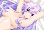  bed breasts commentary_request d-pad d-pad_hair_ornament hair_censor hair_ornament iwasi-r lying nepgear neptune_(series) nude purple_eyes purple_hair white_background 