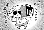  :3 bangs bkub boombox carrying_over_shoulder clenched_hand dancing donkey_kong_country emphasis_lines greyscale hair_ornament hair_scrunchie halftone holding monochrome parody poptepipic popuko school_uniform scrunchie serafuku short_hair short_twintails simple_background skirt solo sunglasses translation_request twintails two_side_up white_background 