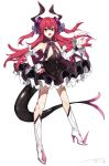  bangs black_dress blue_eyes boots curled_horns detached_sleeves dragon_girl dragon_horns dragon_tail dress elizabeth_bathory_(fate) elizabeth_bathory_(fate)_(all) eyebrows_visible_through_hair fang fate/extra fate/extra_ccc fate_(series) flat_chest full_body hair_between_eyes hair_ribbon hanakeda_(hanada_shiwo) hand_on_hip hand_up horns knee_boots long_hair long_sleeves open_mouth purple_ribbon red_hair ribbon simple_background sleeveless sleeveless_dress solo spiked_boots spikes standing tail two_side_up very_long_hair white_background white_footwear 