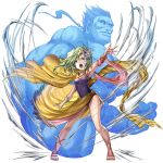 1girl arm_up armpits artist_request bracer cape child final_fantasy final_fantasy_iv fingerless_gloves gem gloves green_eyes green_hair hair_ornament leotard long_hair muscle navy_blue_leotard official_art open_mouth outstretched_arm rydia sandals sarong shouting single_glove source_request titan_(final_fantasy) wind wind_lift yellow_cape yellow_sarong 