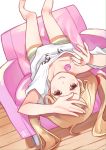  bangs barefoot blonde_hair candy chair clothes_writing collarbone downblouse dutch_angle floor food futaba_anzu grin hair_tie hand_up highres holding horizontal_stripes idolmaster idolmaster_cinderella_girls legs_apart legs_up lollipop long_hair looking_at_viewer low_twintails lying on_back orange_eyes orange_hair oversized_clothes oversized_shirt shirt short_sleeves shorts smile solo sou_(pale_1080) striped striped_shorts twintails upside-down v-shaped_eyebrows white_shirt wooden_floor you_work_you_lose 