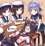  4girls ahoge bangs bench black_hair black_legwear blonde_hair blue_eyes blue_hair blue_neckwear blue_ribbon blue_sailor_collar blue_skirt daitou_(kantai_collection) dated drawing drawn_on_eyes dress drooling fake_facial_hair fake_mustache fang gloves gradient_hair grin hair_ornament hairclip hat hiburi_(kantai_collection) kabocha_torute kako_(kantai_collection) kantai_collection kerchief long_hair lying marker multicolored_hair multiple_girls neckerchief on_back on_bench open_mouth pantyhose parted_bangs pleated_skirt ponytail prank red_eyes red_neckwear ribbon sado_(kantai_collection) sailor_collar sailor_dress sailor_hat saliva school_uniform serafuku shirt short_hair short_sleeves skirt sleeping sleeveless sleeveless_shirt smile sweatdrop tsurime twitter_username undershirt white_gloves white_hat zzz 