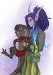  bag blue_eyes brown_scales claws clothing cute dragonasis elf forked_tongue hair humanoid male night_elf purple_hair scales scalie scar scarf sethrak tongue video_games warcraft young 