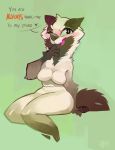  2017 anthro badger black_iris blush breasts brown_tail burnbuckie featureless_breasts female green_background green_sclera looking_at_viewer mammal mustelid one_eye_closed shortstack simple_background sitting smile solo speech_bubble text wide_hips wink 