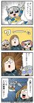  4koma :d arm_up armor bangs bkub blue_armor blue_eyes blush_stickers brown_hair chasing comic company_name constricted_pupils crossover dark_skin eleanor_hume emphasis_lines eyebrows_visible_through_hair fleeing glasses gloves green_eyes grey_hair hair_between_eyes hair_ornament hair_scrunchie helmet highres holding holding_spear holding_weapon index_finger_raised jade_curtiss koyasu_takehito lenneth_valkyrie long_hair multiple_girls opaque_glasses open_mouth orange_hair polearm rondoline_e_effenberg scrunchie seiyuu_connection shaded_face short_hair short_twintails shouting simple_background skirt smile spear speech_bubble sweatdrop swept_bangs tales_of_(series) tales_of_berseria tales_of_phantasia:_narikiri_dungeon_x tales_of_the_abyss talking translation_request twintails valkyrie_profile valkyrie_profile_anatomia watermark weapon winged_helmet 