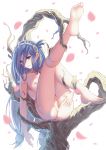  absurdres anus ass bangs bare_tree barefoot blue_eyes blue_hair blurry blush breasts clitoris closed_mouth collarbone dana_(ys) depth_of_field eyebrows_visible_through_hair feet full_body hair_between_eyes hair_ornament hair_over_one_eye highres in_tree knee_up leg_up legs_up light_frown long_hair looking_away looking_to_the_side low-tied_long_hair lying medium_breasts nipples nude on_back petals pussy restrained revision soles solo spread_pussy tears toenails toes tree uncensored veilrain very_long_hair white_background ys ys_viii_lacrimosa_of_dana 