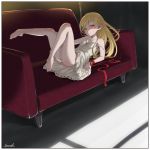  armpits bakemonogatari bare_shoulders barefoot blonde_hair collarbone commentary couch dress fang full_body highres kiss-shot_acerola-orion_heart-under-blade kizumonogatari legs_up long_hair looking_at_viewer lying monogatari_(series) on_back orange_eyes oshino_shinobu plantar_flexion pointy_ears ribbon solo sowel strap_slip sunlight thighs wrist_ribbon 