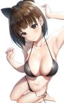  animal_ears arm_up armpits bangs bare_shoulders bikini black_bikini blush breasts brown_eyes brown_hair cat_ears cleavage closed_mouth collarbone commentary eyebrows_visible_through_hair foreshortening hips kneeling large_breasts looking_at_viewer medium_breasts navel original short_hair simple_background solo swimsuit takeashiro thighs wardrobe_malfunction white_background 