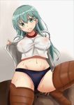  aqua_eyes aqua_hair bangs blush breasts brown_legwear buruma chan_(akuty_ikkot) come_hither commentary_request cosplay covered_nipples eyebrows_visible_through_hair groin hair_between_eyes hair_ornament hairclip hayasui_(kantai_collection) hayasui_(kantai_collection)_(cosplay) highres jacket kantai_collection large_breasts long_hair looking_at_viewer navel no_bra open_clothes open_jacket panties panties_under_buruma parted_lips pink_panties sidelocks smile solo stomach suzuya_(kantai_collection) sweat thighhighs underwear 