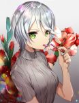  bad_id bad_twitter_id commentary_request eating flower food gambe gladiolus gradient gradient_background green_eyes grey_background grey_hair grey_sweater hair_between_eyes holding looking_at_viewer mouth_hold pocky pretty_(series) pripara ribbed_sweater shikyouin_hibiki shiny shiny_hair short_hair short_sleeves solo sparkle sweater turtleneck turtleneck_sweater upper_body 