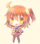  :d bangs beige_background black_legwear blazer blue_bow blush bow brown_eyes brown_footwear brown_hair brown_jacket brown_skirt chibi commentary_request eyebrows_visible_through_hair fate/grand_order fate_(series) fujimaru_ritsuka_(female) full_body hair_between_eyes hair_ornament hair_scrunchie hand_on_hip jacket kouu_hiyoyo one_side_up open_mouth outstretched_arm pantyhose pleated_skirt school_uniform scrunchie simple_background skirt smile solo standing tsukumihara_academy_uniform_(fate/extra) twitter_username v-shaped_eyebrows yellow_scrunchie 