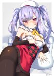  ajax_(azur_lane) armpits azur_lane bangs beret black_legwear blush breasts capelet crotch_seam detached_sleeves embarrassed eyebrows_visible_through_hair frown hat highres long_hair long_sleeves looking_at_viewer lying on_side open_mouth outside_border panties panties_under_pantyhose pantyhose pillow purple_hair red_eyes red_skirt shiny shiny_skin skirt small_breasts smile solo sweatdrop takashiru twitter_username two_side_up underwear white_capelet white_hat 