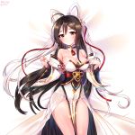  animal_ears ara_han black_hair breasts cleavage closed_mouth cowboy_shot detached_collar detached_sleeves elsword fake_animal_ears heterochromia highres large_breasts long_hair looking_at_viewer multicolored_hair red_eyes shiny shiny_skin shiva_(elsword) smile solo tassel two-tone_hair xes_(xes_5377) yellow_eyes 