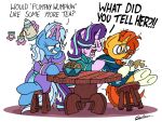  2018 angry bobthedalek clothed clothing english_text equine eyewear female feral friendship_is_magic glasses grin group hair horn magic mammal multicolored_hair my_little_pony simple_background smile starlight_glimmer_(mlp) sunburst_(mlp) table text trixie_(mlp) two_tone_hair unicorn white_background 