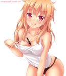  :p artist_self-insert bare_shoulders blonde_hair breasts camisole cleavage collarbone commentary cowboy_shot english_commentary eyebrows_visible_through_hair fast-runner-2024 highres leaning_forward long_hair looking_at_viewer medium_breasts no_pants original panties pen red_eyes solo tiffy tongue tongue_out underwear watermark web_address white_background 