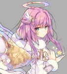  1girl dress hair_ornament halo hand_on_own_chest holding_star long_sleeves looking_at_viewer luka_(shironeko_project) multicolored_hair pink_hair profile purple_hair rento_(rukeai) shironeko_project short_hair_with_long_locks solo star star_hair_ornament twitter_username upper_body white_dress wings 