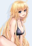  :d ahoge bangs bare_arms bare_shoulders bikini black_bikini blonde_hair blue_eyes breasts cleavage commentary_request eyebrows_visible_through_hair fate/apocrypha fate_(series) front-tie_bikini front-tie_top grey_background hair_between_eyes halterneck highres jeanne_d'arc_(fate) jeanne_d'arc_(fate)_(all) large_breasts long_hair looking_at_viewer open_mouth revision shadow shinno simple_background smile solo swimsuit very_long_hair 