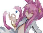  animal_ears bangs blazblue candy cat_ears cat_girl cat_tail coat eyebrows eyebrows_visible_through_hair fingernails food glasses grin hair_between_eyes hair_flaps hair_ribbon hand_up highres holding kokonoe lollipop long_hair looking_at_viewer midriff multiple_tails ok_sign orange_eyes pince-nez pink_hair ponytail ribbon rimless_eyewear sidelocks simple_background smile solo sou_(pale_1080) tail thick_eyebrows turtleneck two_tails white_background white_coat 
