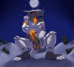  2017 3_toes anthro balls circumcised claws crouching detailed_background digimon digital_media_(artwork) dragon erection full_moon glowing glowing_balls glowing_penis glowing_tongue horn humanoid_penis looking_at_viewer machine machinedramon male metal moon night open_mouth outside penis precum rad-lizer red_eyes robot scalie sky solo star toe_claws toes tongue tongue_out 