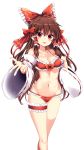  bare_shoulders bikini blush bow breasts brown_hair cleavage collarbone commentary_request detached_sleeves eyebrows_visible_through_hair feet_out_of_frame frilled_bikini frilled_bow frills groin hair_bow hair_tubes hakurei_reimu halterneck highres leg_garter long_hair long_sleeves looking_at_viewer maturiuta_sorato medium_breasts navel open_mouth red_bikini red_bow red_eyes sidelocks simple_background smile solo standing stomach swimsuit touhou very_long_hair white_background wide_sleeves 