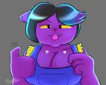  big_breasts breasts cat catty_(undertale) cleavage clothed clothing feline female grey_background hair invalid_color mammal multicolored_hair overalls simple_background sweater_pups_(artist) teasing tongue undertale video_games yellow_sclera 