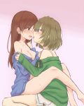  2girls bare_legs bare_shoulders blush breasts brown_eyes brown_hair collarbone eye_contact female hitsuji_nata idolmaster idolmaster_cinderella_girls imminent_kiss medium_breasts multiple_girls naked_shirt navel nitta_minami open_mouth open_shirt pink_background shirt sitting sitting_on_person sweat takagaki_kaede tongue yuri 