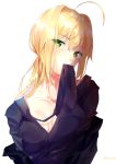  ahoge artoria_pendragon_(all) bangs black_neckwear black_shirt blonde_hair breasts cleavage collarbone dress_shirt eyebrows_visible_through_hair fate/zero fate_(series) green_eyes hair_between_eyes head_tilt highres long_hair mouth_hold necktie saber shirt simple_background small_breasts solo timins upper_body white_background 