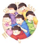  6+boys :3 angry blue_eyes blue_hoodie brown_hair clenched_hands crossed_arms diagonal-striped_background diagonal_stripes green_eyes green_hoodie hand_on_another's_head heart heart_in_mouth male_focus matsuno_choromatsu matsuno_ichimatsu matsuno_juushimatsu matsuno_karamatsu matsuno_osomatsu matsuno_todomatsu multiple_boys one_eye_closed open_mouth osomatsu-san pink_eyes pink_hoodie pointing purple_eyes purple_hoodie red_eyes red_hoodie rento_(rukeai) sleeves_rolled_up smile striped striped_background sweatdrop title yellow_hoodie yellow_pupils 