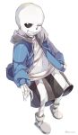  blue_hoodie grin hand_in_pocket hood hoodie long_sleeves looking_at_viewer male_focus open_clothes open_hoodie rento_(rukeai) sans shirt shoes shorts skeleton skull smile undertale white_shirt 